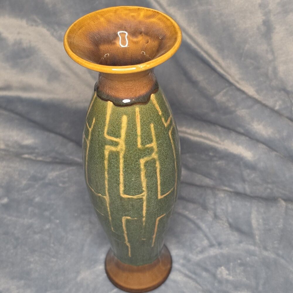 Vintage Art Pottery Vase Green Brown Crackle Glaze Geometric Maze Pattern
